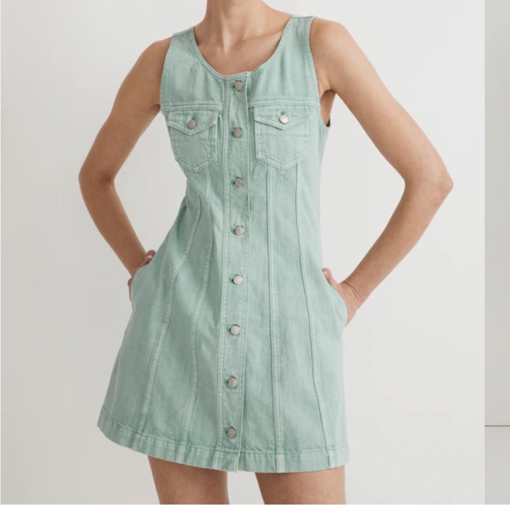 Madewell Light Green Button-Front Mini Dress color palomilla wash
